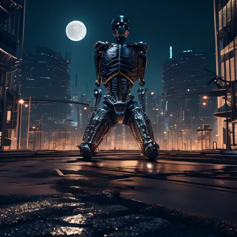 Metallic skeleton, (surreal) 8K, Its in the middle of an abandoned city with dark details all around it, With the moon in the sky, Cyberpunk, Future City