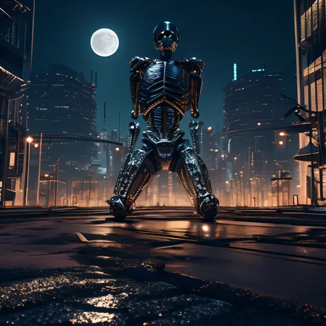 Metallic skeleton, (surreal) 8K, Its in the middle of an abandoned city with dark details all around it, With the moon in the sky, Cyberpunk, Future City