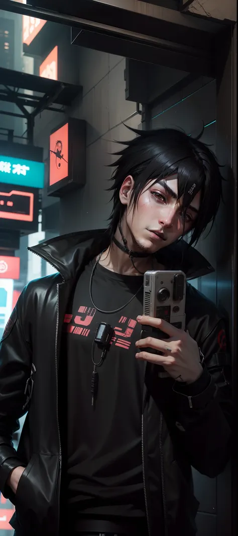 1 boy, uchiha itachi from naruto anime, anime style, cyberpunk style, black clothes, cyberpunk --q 0.25