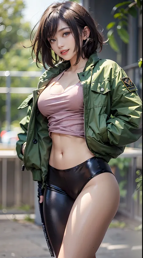 (NSFW), 1womanl, Solo, 24 year old, 7headed body, (cute  face), (Ideal ratio body proportions), ((Composition from head to thigh)), air base, Moss Green MA-1 Jacket, Tank Tops, ((The lower part of the body is bare)), ((white  panties)), Smiling smile, erec...