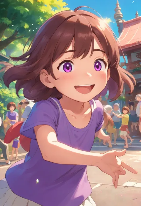 little girl, showing her shirt,purple shirt,smiling face,brown hair bouncing,sparkling eyes,rosey cheeks,playground background,sunny day,summer vibes,beautiful lighting,soft shadows,candid moment,vibrant colors,joyful expression,cute pose