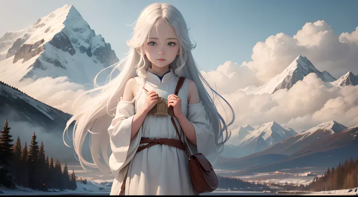 In the background are mountains, a beautiful girl name is May, 8-year-old girl with blue eyes, long white hair, wearing a white tunic, On the waist there is a small bag, Holding a dumpling