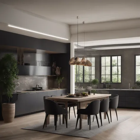 There is a kitchen with a black central island and a marbled dining table, fotografia de design de interiores, fotografia de interiores, real estate photography, Directed by: Emerson Silva, Directed by: Felipe Seade, tomada em 2 0 2 0, with dramatic lighti...