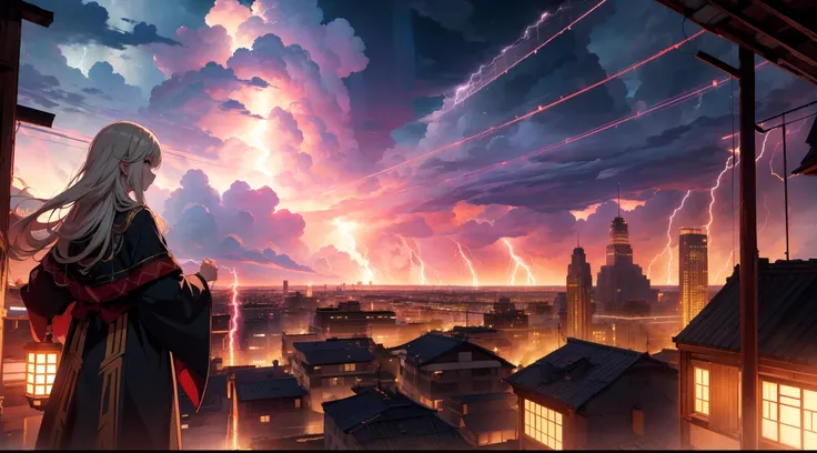 1 Shaman girl, ((very wide shot)), full body,((lightning in the distance)) , (from behind)  ,(((looking away))),  background Western style city , lightnings, high resolution,(incredibly absurdres),anime visual,extremely detailed CG unity 8k wallpaper, ((ma...