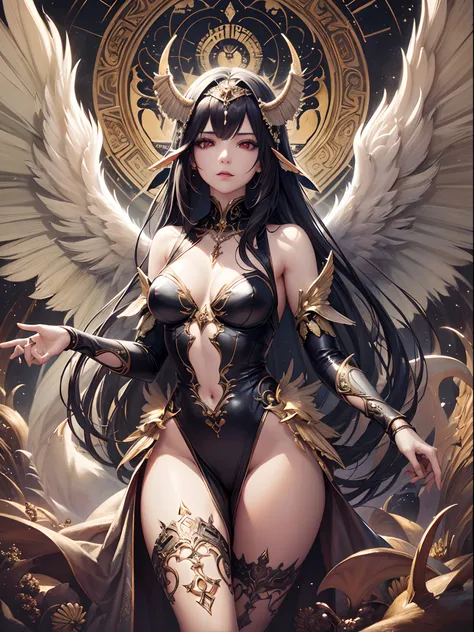 (Finest quality)),(超A high resolution),(ultra-detailliert),(Meticulous portrayal),((best pictures)),(Finest works of art),Ultra-Precision Art,The art of astounding depiction, Fantasyart:1.5, (One Winged Female:1.5),Angel and demon fusion,demonic wings:1.4,...