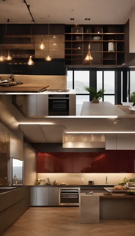 modern kitchen，Gorgeous renovation，refrigerator，cupboard，Wide scene，in a panoramic view，From the outside, hyper HD, High details