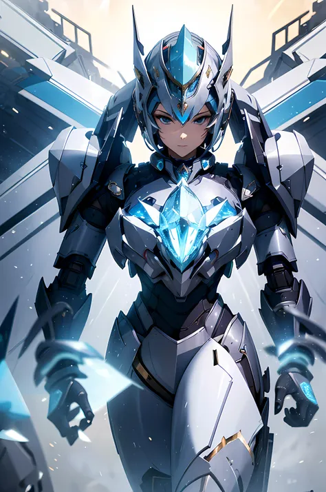 Empress mecha, fine armor, intricate design, soft blue details, silk, cinematic lighting, 4k, floating hair, sharp, prism, shining knight, royal, face mask , full body frame, grassland, happy