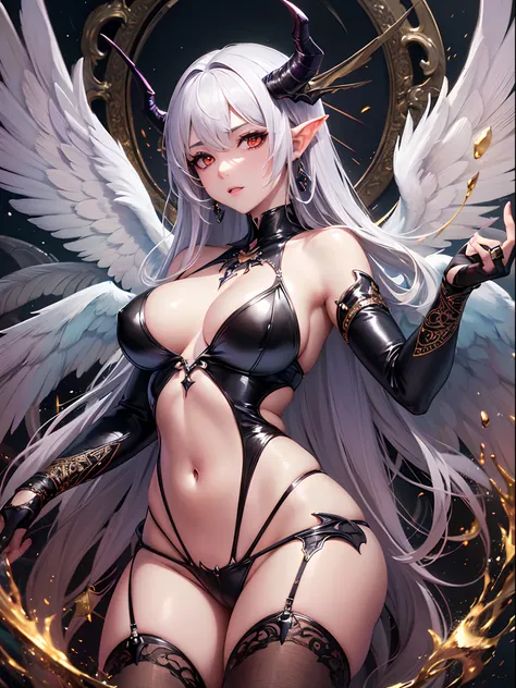 (Finest quality)),(超A high resolution),(ultra-detailliert),(Meticulous portrayal),((best pictures)),(Finest works of art),Ultra-Precision Art,The art of astounding depiction, Fantasyart:1.5, (One woman with angel and demon wings:1.5),Angel and demon fusion...