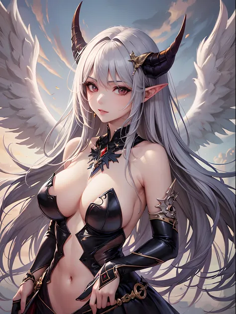 (Finest quality)),(超A high resolution),(ultra-detailliert),(Meticulous portrayal),((best pictures)),(Finest works of art),Ultra-Precision Art,The art of astounding depiction, Fantasyart:1.5, (One woman with angel and demon wings:1.5),Angel and demon fusion...