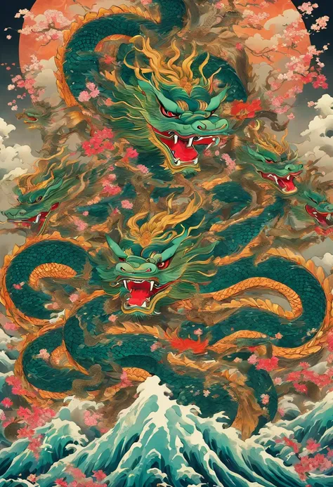 Eight-headed dragon,Hidra, homem cabelos pretos,Samurai,espada Katana,  Shui Mo Hua, lotuses, Estilo de pintura chinesa, Estilo Thangka