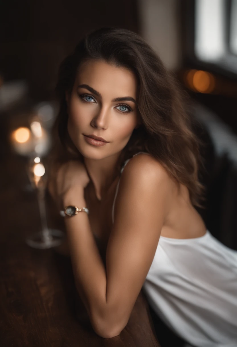 Arafed woman with a white tank top and necklace, dans un bar, fille sexy aux yeux bleu clair, Portrait Sophie Mudd, cheveux courts bruns et grands yeux, selfie of a young woman, Yeux de chambre, Violet Myers, sans maquillage, maquillage naturel, looking st...