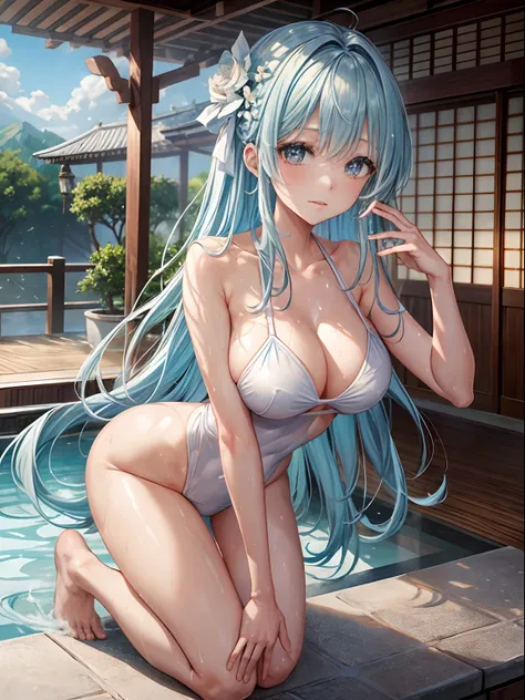 top-quality、Full limbs、complete fingers、Slender beauty、straight haired、Longhaire、lightblue hair、White competitive swimsuit、Raw feet、Beautiful Large Breasts、Luxury Ryokan、Large open-air bath、Kneeling、Wet texture