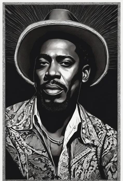 illustration of a portrait of Brazilian singer Luiz Gonzaga in style Woodcut isolated, black and white, ink