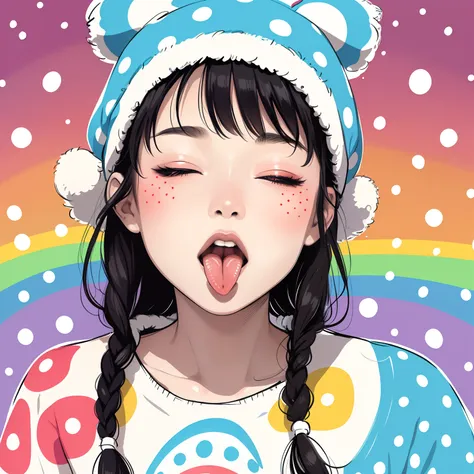 masterpiece, best quality, inuit, tribal, psychedelic, 1girl, closeup face, (open mouth, show tongue), (polka dot tongue), eyes closed, rainbow colors, white, winter, sketch