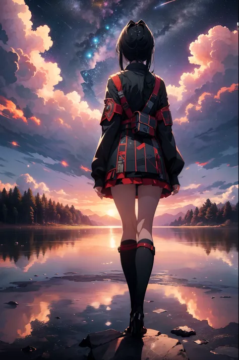 1 girl, ((very wide shot)), full body,((3 meteorites in the distance)) , (from behind)  ,(((looking away))), japanease clothing, ((background lake)) , meteorites, high resolution,(incredibly absurdres),anime visual,extremely detailed CG unity 8k wallpaper,...