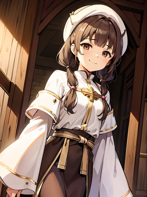 Short Pigtails, brown hair, brown eyes, cleric clothes, long robe, shaded face, cleric hat, smug face, long sleeves, julia outfit, ((short pigtails))