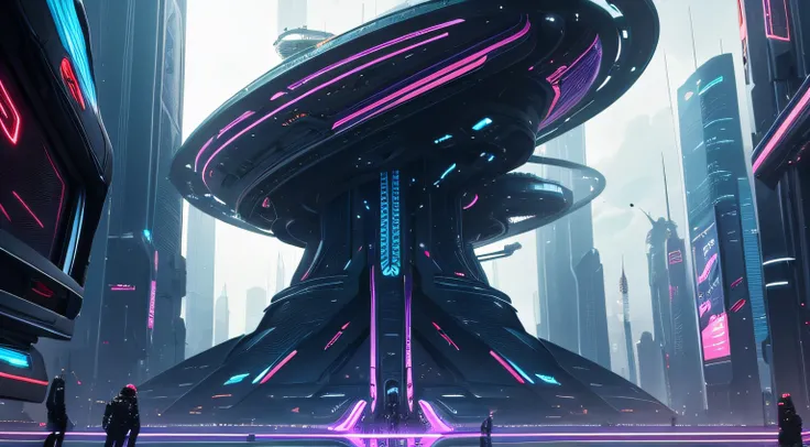 Guvez style cyber-future city, high-quality CG, multiple characters, complex scenes, full of competitive atmosphere, emphasizing futurism and technology, full of color, rich details, tough lines, and desperate expressions of characters