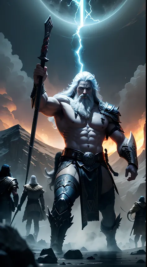 Odin leading the gods and warriors of Asgard in the epic Battle of the End Times. His hammer Mjölnir shines with a divine light, while colossal creatures and armies face each other.