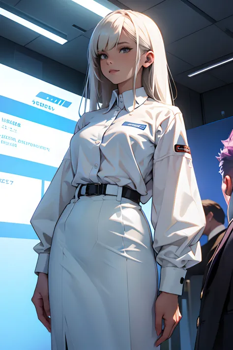 woman in white sexy shirt and standing next to an android