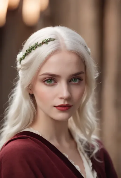 (((a deep reddish wound crosses her left cheek))) fair complexion, woman around 19 years old, natural white hair, distinctive green eyes, wearing kohl, slender and graceful, beautiful, candlelight in a medieval setting, ultra sharp focus, realistic shot, m...