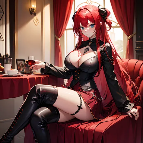 Terror Theme // crimson long hair // gigantic boobs // tattoo on left hand // skirt and long sleeve blouse // boots with high heels // pentagram necklace // blue eyes // young woman // sitting on a restaurant chair