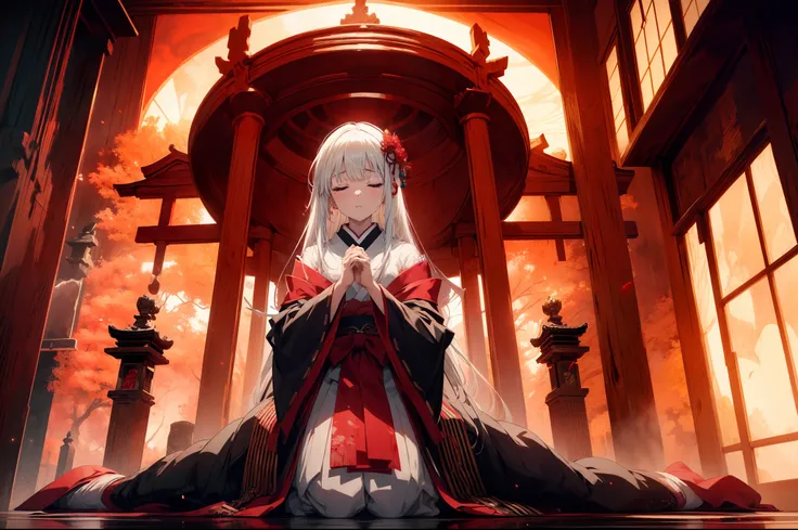 1 girl, doing ritual ,standing behind bloody altar, hands in front, upper body, character focus ,(cinematic angle), from below ,japanease clothing, serious face ,closing eyes, background red moon,high resolution,(incredibly absurdres),anime visual,extremel...