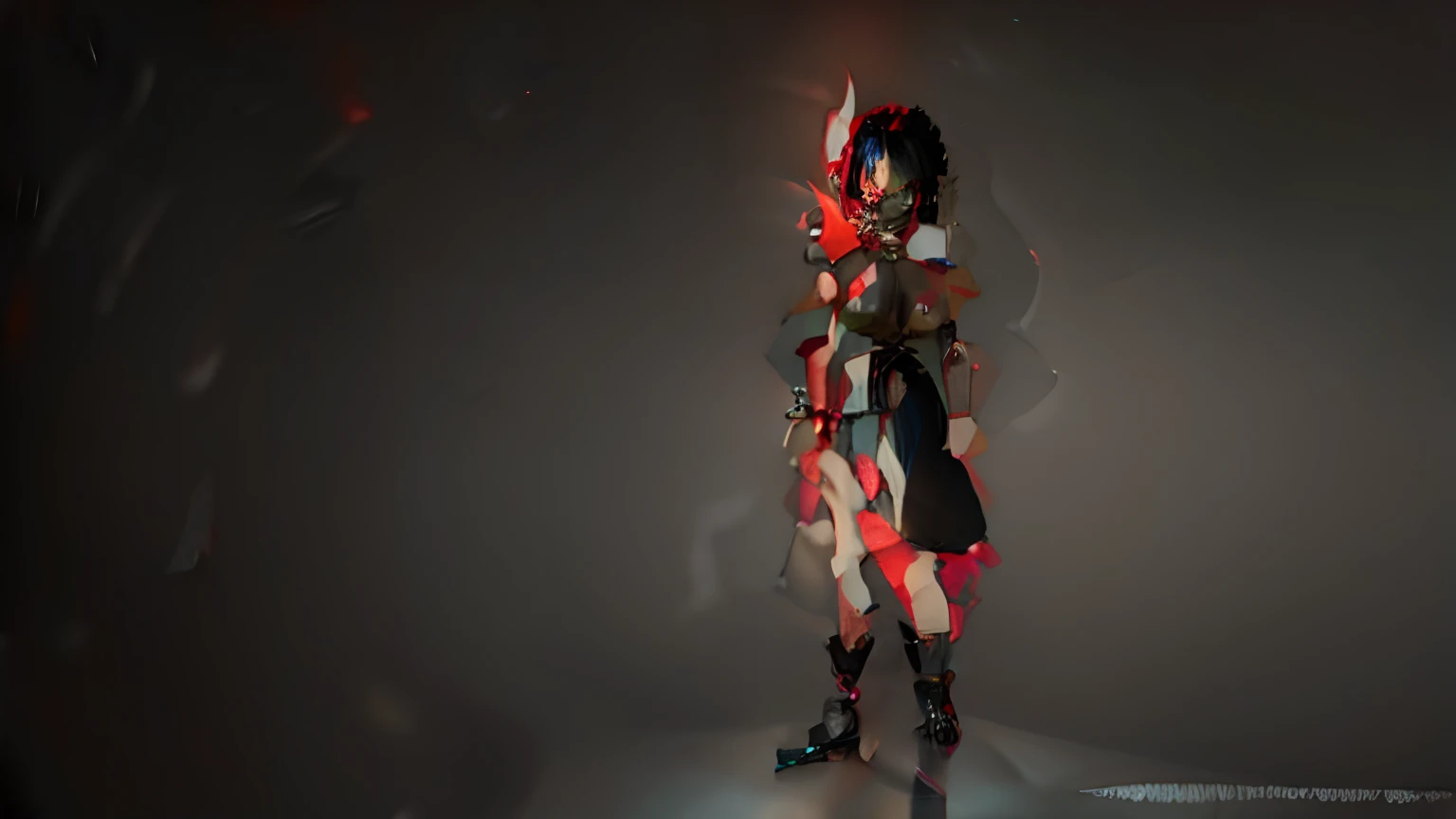 Black hair girl, red eye, blood, red aura, evil smile, red sword