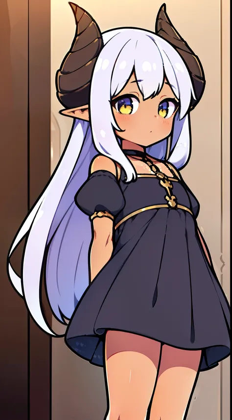 (Original Character,8k, Masterpiece, Best Quality,Detailed, Beautiful Detailed Eyes, solo),((1loli girl,4 years old)),((small body)),((tanned skin)),little black dress,white hair,long hair,yellow eyes,elves ears,horns,loli,solo,cute,(standing in a room in ...