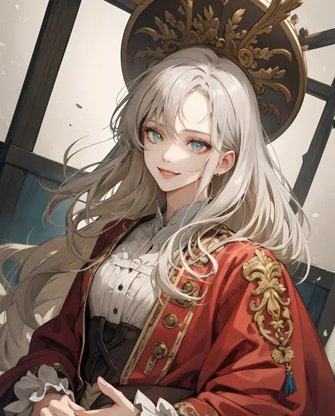 hiquality, Super Detail, Detailing emotions, Hand detailing, Face detailing, tmasterpiece, Old anime style, cold colors, One girl with silver blonde hair and amber eyes in beautiful baroque clothes stands and smiles melancholy;