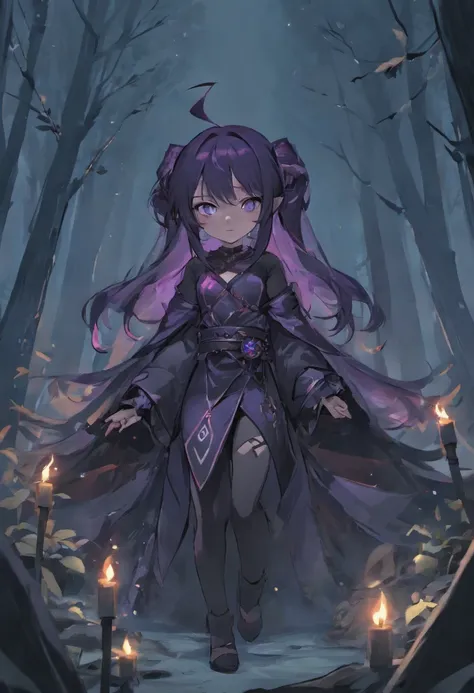 Anime DnD Halfling dark sorceress, black garments, bandages on arms and chest as clothing, heavy eyeliner, slightly goth, purple lipstick, asian, high-tied black ponytail, resting at a campfire in a forest