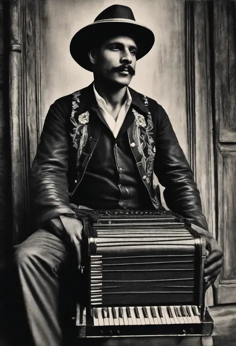 Rustic woodcut of the black and white portrait of accordionist Luiz Gonzaga