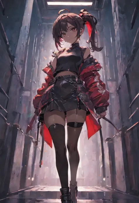 cyberpunk female with high tied black ponytail and red headband, black short skirt with thigh high boots and stockings, leather jacket with white t-shirt under, dog tags on neck, silver piercing on ears and eyebrow, brown eyes, confident