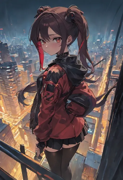 cyberpunk female with high tied black ponytail and red headband, black short skirt with thigh high boots and stockings, leather jacket with white t-shirt under, dog tags on neck, silver piercing on ears and eyebrow, brown eyes, confident, sitting on a roof...