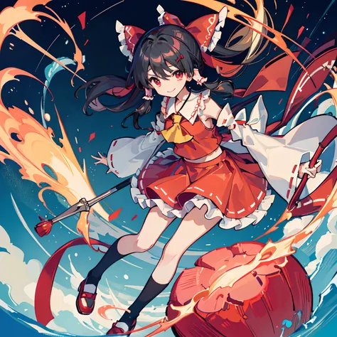 a cartoon character drawing of a very cute girl in red dress and holding a staff, 1girl, solo, hakurei reimu, gohei, black hair, bow, red skirt, hair bow, full body, skirt, red bow, detached sleeves, socks, smile, hair tubes, frills, ascot