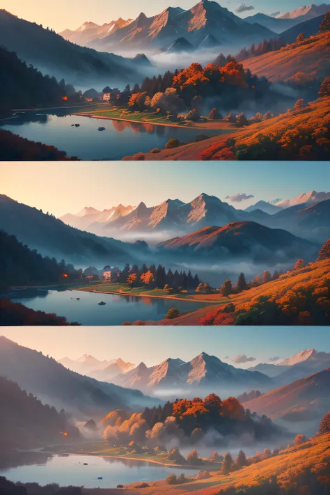 Ridiculous steep peaks，autumn，At the foot of the mountain there is a stream，There are reflections in the flow,Rustic cottage,And the smoke from cooking rises，Pine has a peculiar shape，Swaying with the wind,Color palette style，Remote view by ISO,Color lead ...