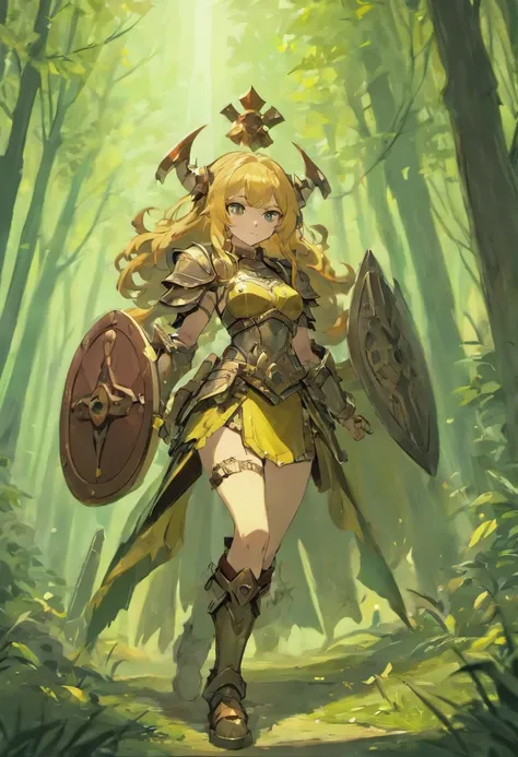 DnD female dwarf, heavy armored with exposed arms, no helmet, slightly curly long brown hair, cute nose, big green eyes, small scar on left cheek, holding a battle axe and tower shield, in a forest