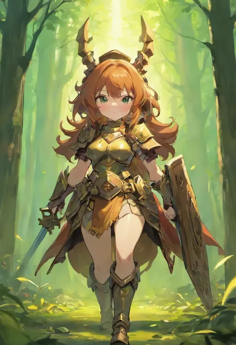 DnD female dwarf, heavy armored with exposed arms, no helmet, slightly curly long brown hair, cute nose, big green eyes, small scar on left cheek, holding a battle axe and tower shield, in a forest