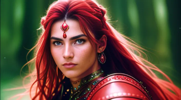 Hyperdetailed portrait of a woman warrior, fantasy magic atmosphere wide shot, ultrarealistic UHD face, Kodak Ultra Max 800, 85mm, soft lighting, detailed skin texture, elaborate background, masterpiece, sharp focus, intense, Hasselblad, crimson knight, hi...