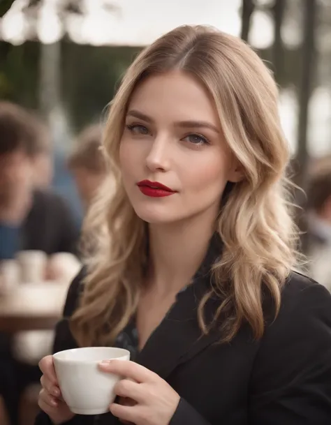 Fashion of the 2010s, medium close-up shot, Canon EF 85mm f/1.2L II USM, Blonde woman sitting with her coffee in a restaurant，（Put your hands under the table）， with a black jacket and red lips, Emphasis on facial expressions, Street fashion