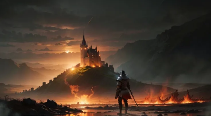 A knight stands in the midst of a battlefield, the sky afire with the burning of a castle in the background, the rain and mud creating a desolate landscape. --auto