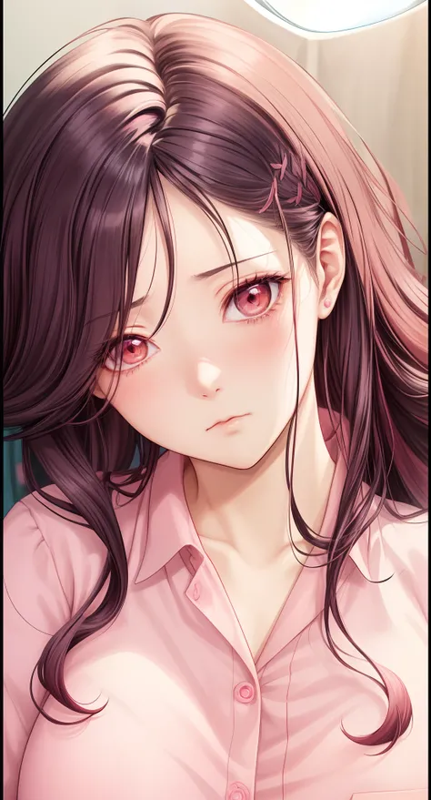 a woman with long hair and a pink shirt is staring at something, gapmoe yandere, detailed portrait of anime girl, 🤤 girl portrait, sui ishida art manga, she has tired eyes, close up of a young anime girl, semirealistic anime style, her gaze is downcast, ((...