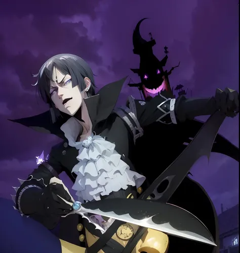 One piece manga, gecko moria, halloween theme, bats flying, vampire, dark theme, darkness vibe, terror, scissors, beautiful boy, gothic boy, vanitas, extreme long hair boy, vampire, pale skin