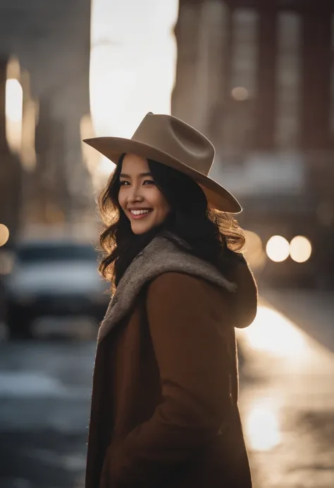 (morning), 1girl, 独奏, looking at viewert, winter, cowboy shot, (downtown), cowboy shot, smile, black hair