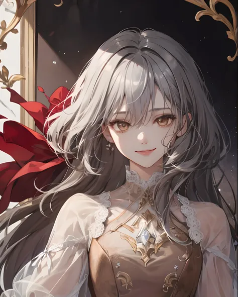 hiquality, super detaill, Detailing emotions, Hand detailing, Face detailing, tmasterpiece, Crystal Eyes, Old Anime Style, cold colors, One girl with dark silver hair and brown eyes in a beautiful red baroque dress stands and smiles melancholicly;, melanch...