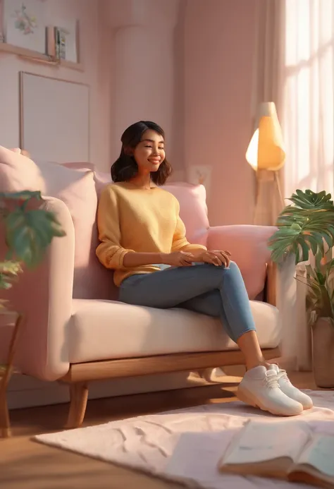 1girl,sitting on a cozy couch,crossing legs,soft light