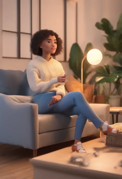 1girl,sitting on a cozy couch,crossing legs,soft light