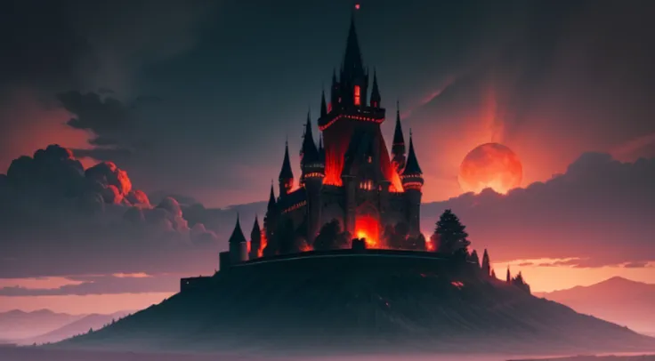 a shadowy castle a black castle of darkness on a volcanic mountain black sky black clouds and red moon constrate striking image harmonic beauty medieval art rpg illustration