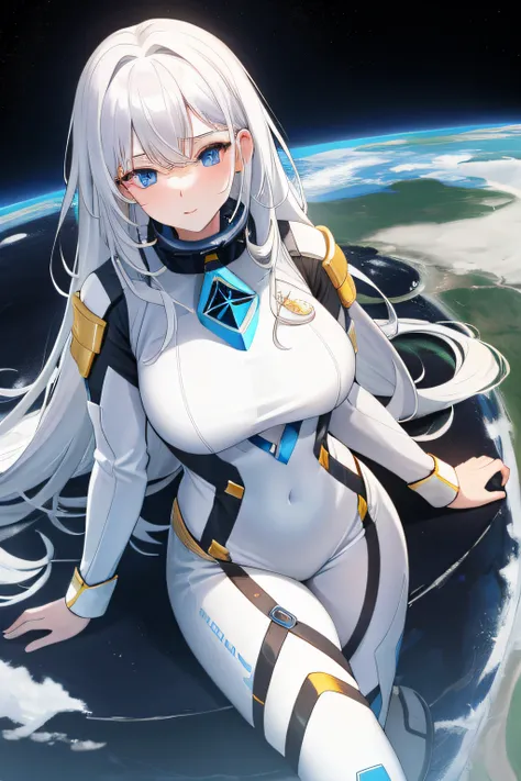 Woman with, golden white hair, Blue eyes, black spacesuit