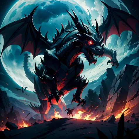 Thé great scary demonic dragon appearing from the hellish Moon hyper realistic super detailed Dynamic shot master piece scene cinématique scènes movie Epic Legendary