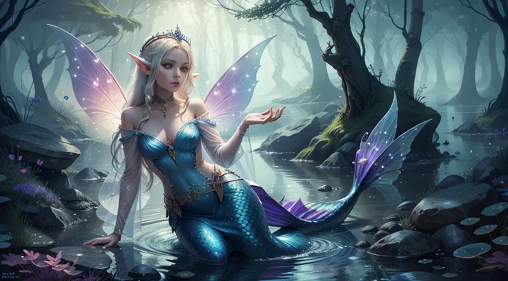 Blue and violet dream color system, sense of fate, best quality, master layout, lighting, mermaid, long fish tail, sea, stone clay, elf, holding mussel pearl, gauze sleeve, water fairy, close-up fantasy and water magic, ethereal fantasy, fairy tale aesthet...